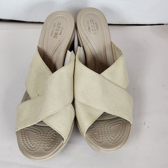 Crocs Wedge Sandal Crocs Leigh II XStrap‎ Wedge Beige beach vacation Size 9 - Picture 2 of 9